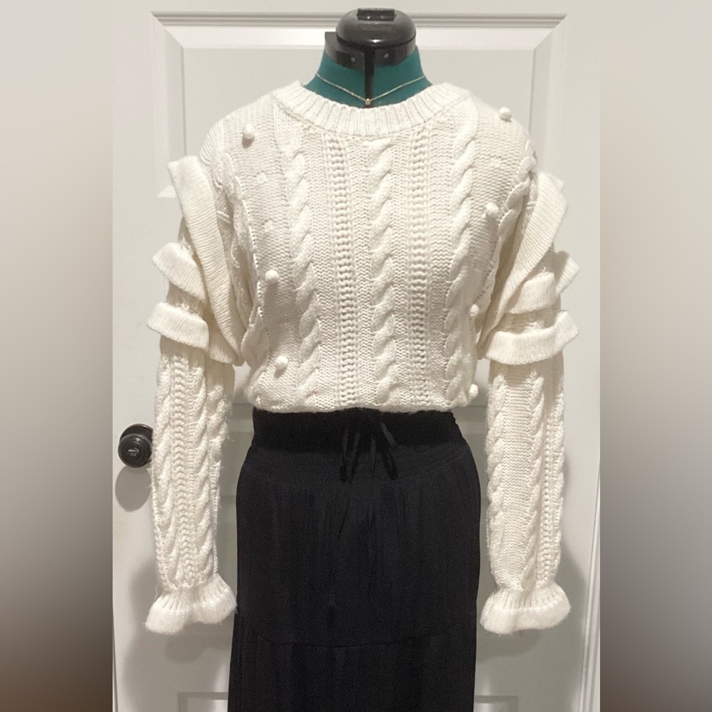 Altar'd State Cream Cable Knit Pom Pom Sweater